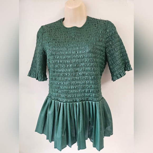 Zara Women's Top S Green Smocked Peplum - Picture 3 of 8